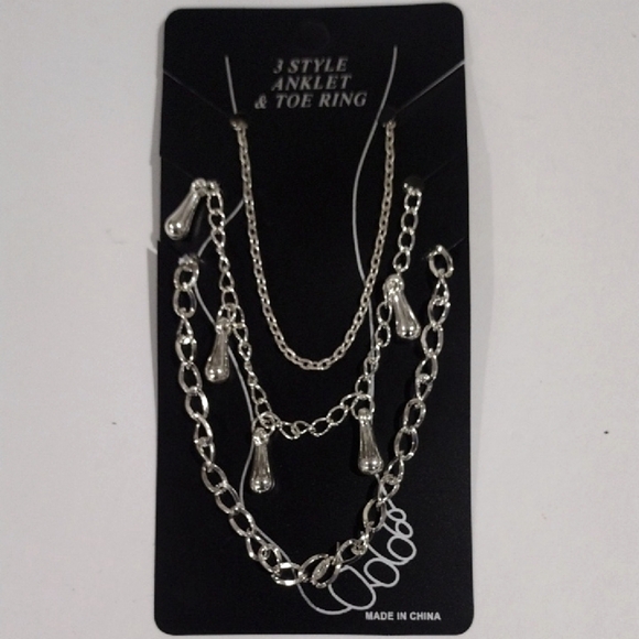 Silver Tone 3-Piece Anklet Set w/ Teardrop-shaped Charms – Trendy Summer Jewelry - Picture 3 of 7